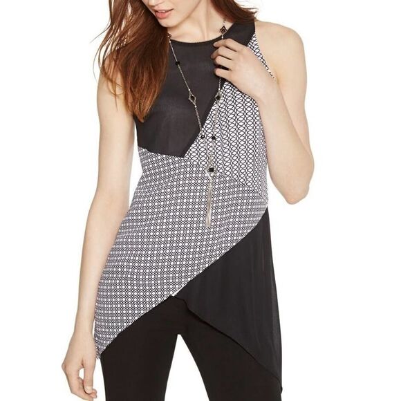 White House Black Market Sleeveless Print Tiered Tunic Top Layered WHBM Beaded - Picture 1 of 12
